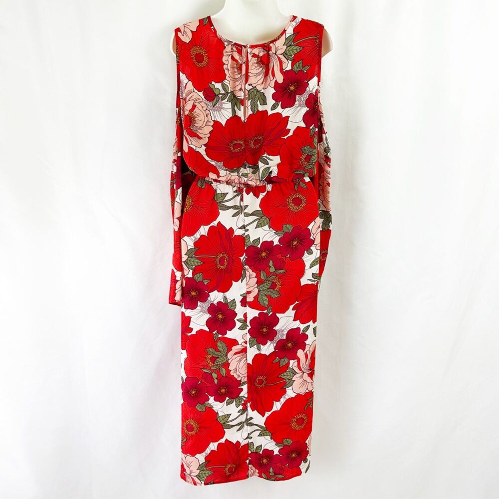 Go Coco Large-Scale Floral Print Maxi Dress (1X) Red Pink Green White Leg Slits - Picture 7 of 14